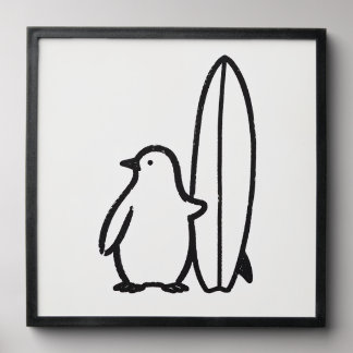 Minimal Penguin and Surfboard Doodle Peel And Stick Photo Tile