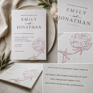 Minimal Peony Line Art Wedding Letterpress Invitation