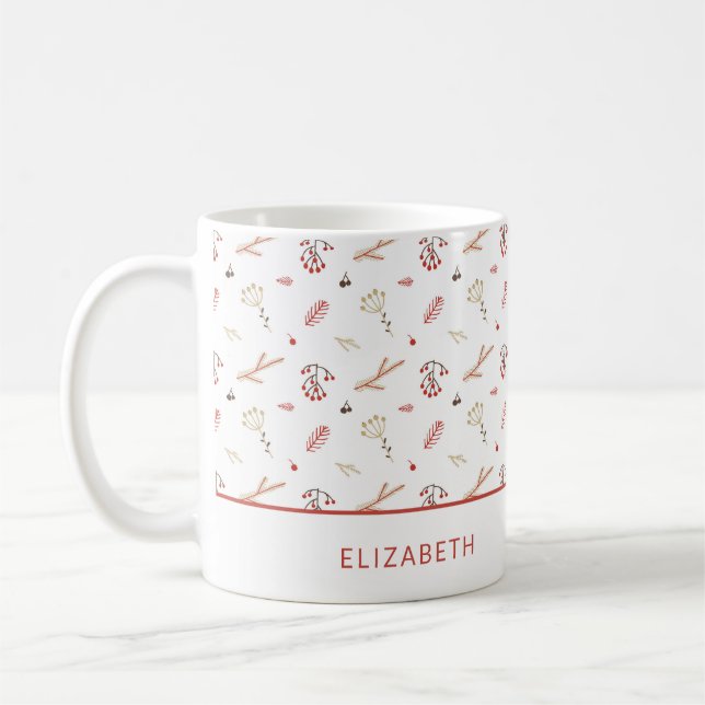 Minimal Personalized Beige Holly Berry Christmas Coffee Mug (Left)