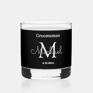 minimal personalized groomsmen black white whiskey glass