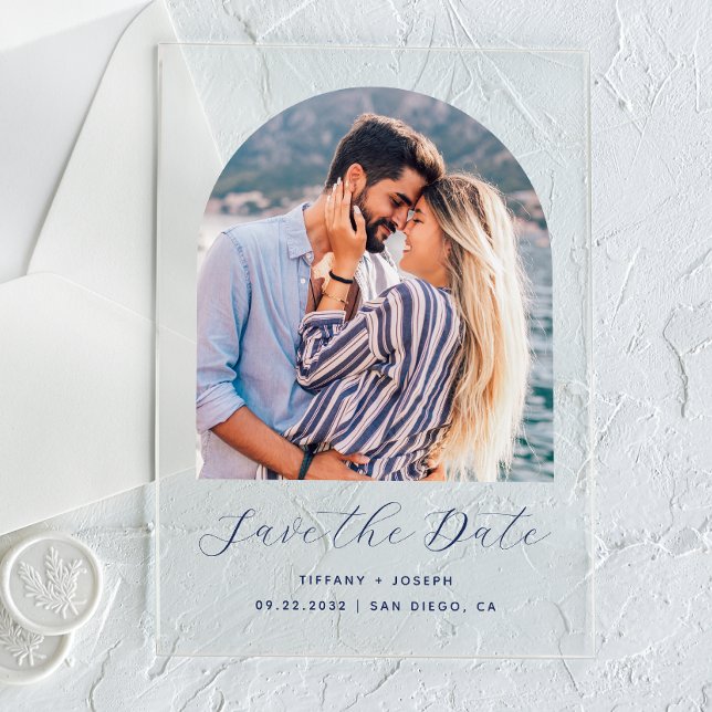 Minimal Photo Arch Navy Blue Script Save the Date Acrylic Invitations (Creator Uploaded)