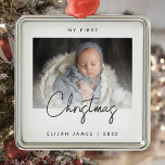 Minimal Photo Baby's First Christmas Gray Script Metal Ornament<br><div class="desc">Celebrate baby's first Christmas with this modern minimalist photo keepsake ornament. The charcoal gray text reads "My first Christmas, " with the word "Christmas" in trendy handwriting script. Easily replace the sample image with your favorite photo, and add baby's name and the year below. A white gradient screen helps make...</div>