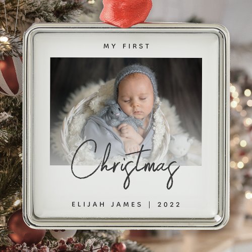 Minimal Photo Babys First Christmas Gray Script Metal Ornament