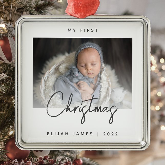 Minimal Photo Baby's First Christmas Gray Script Metal Ornament (Creator Uploaded)