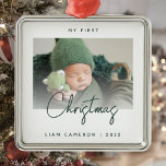 Minimal Photo Baby's First Christmas Green Script Metal Ornament<br><div class="desc">Celebrate baby's first Christmas with this modern minimalist photo keepsake ornament. The green text reads "My first Christmas, " with the word "Christmas" in trendy handwriting script. Easily replace the sample image with your favorite photo, and add baby's name and the year below. A white gradient screen helps make the...</div>