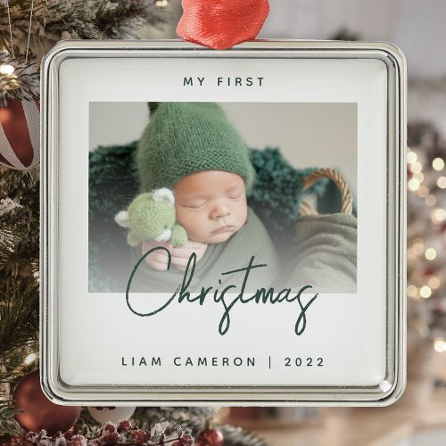 Minimal Photo Babys First Christmas Green Script Metal Ornament