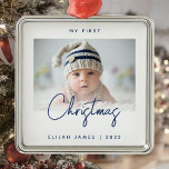 Minimal Photo Baby's First Christmas Navy Blue Metal Ornament<br><div class="desc">Celebrate baby's first Christmas with this modern minimalist photo keepsake ornament. The navy blue text reads "My first Christmas, " with the word "Christmas" in trendy handwriting script. Easily replace the sample image with your favorite photo, and add baby's name and the year below. A white gradient screen helps make...</div>