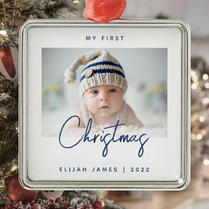 Minimal Photo Baby's First Christmas Navy Blue Metal Ornament