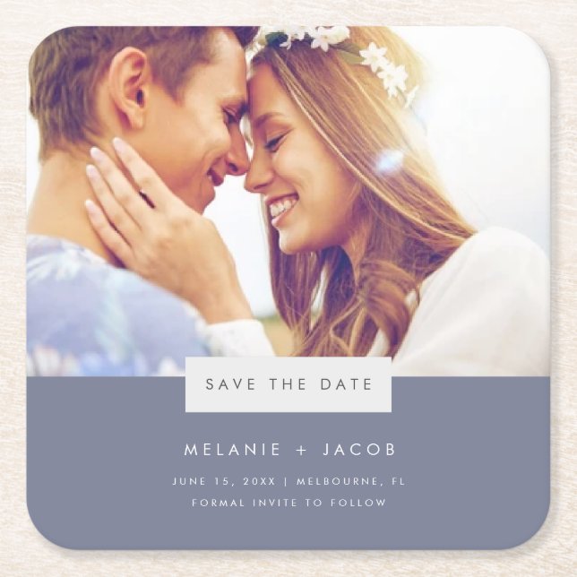 Minimal Photo Beach Wedding Save the Date Square Paper Coaster (Front)