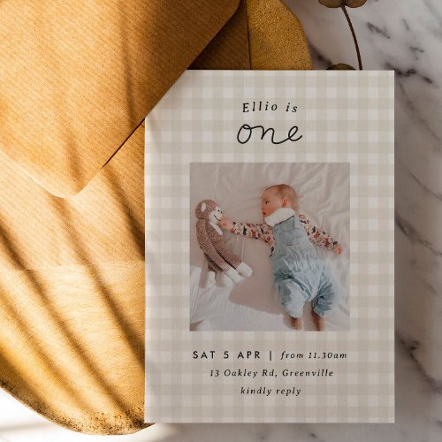 Minimal Photo Beige Gingham 1st Birthday Invite