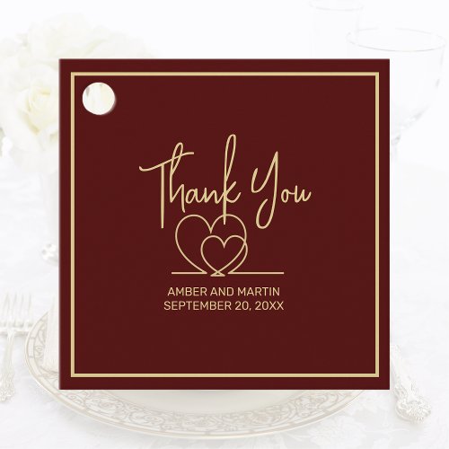 Minimal Photo Burgundy Gold Heart Guest Thank You Favor Tags