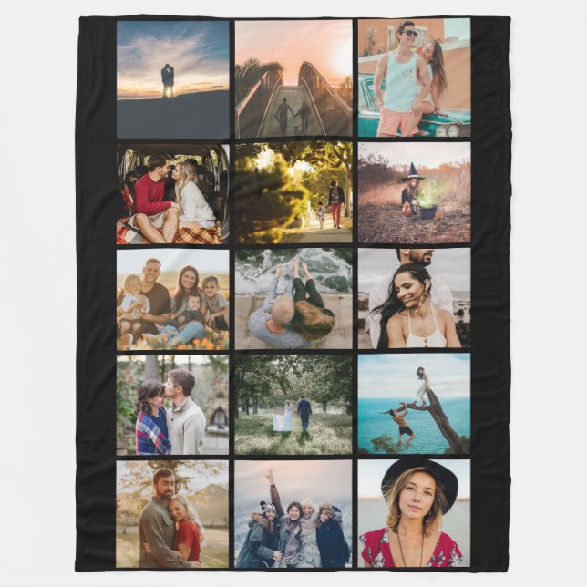 Minimal Photo Collage Black Fleece Blanket (Front)