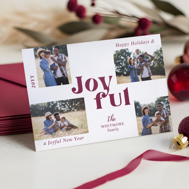 Minimal Photo Collage Joyful Typography Christmas Letterpress Photo Cards (Minimal Photo Collage Joyful Typography Christmas Letterpress Photo Cards)