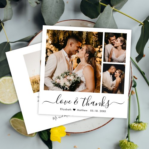 Minimal Photo Collage Love and Thanks Wedding  Thank You Card