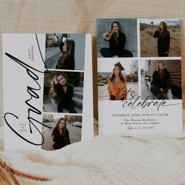Minimal Photo Collage Modern Script Graduation Invitation (Creator Uploaded)