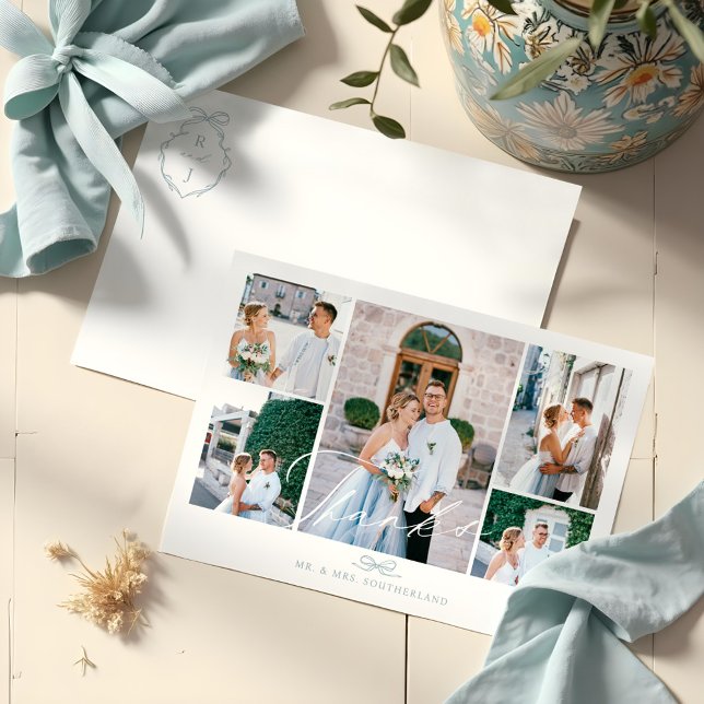 Minimal Photo Collage Script Wedding Bow Monogram Thank You Card (Minimal Photo Collage Script Wedding Bow Monogram Thank You Card)