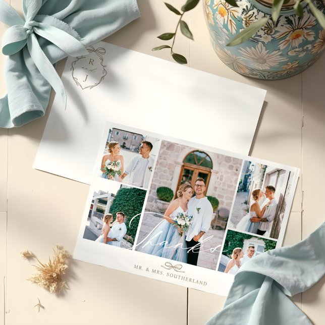 Minimal Photo Collage Script Wedding Bow Monogram Thank You Card (Minimal Photo Collage Script Wedding Bow Monogram Thank You Card)