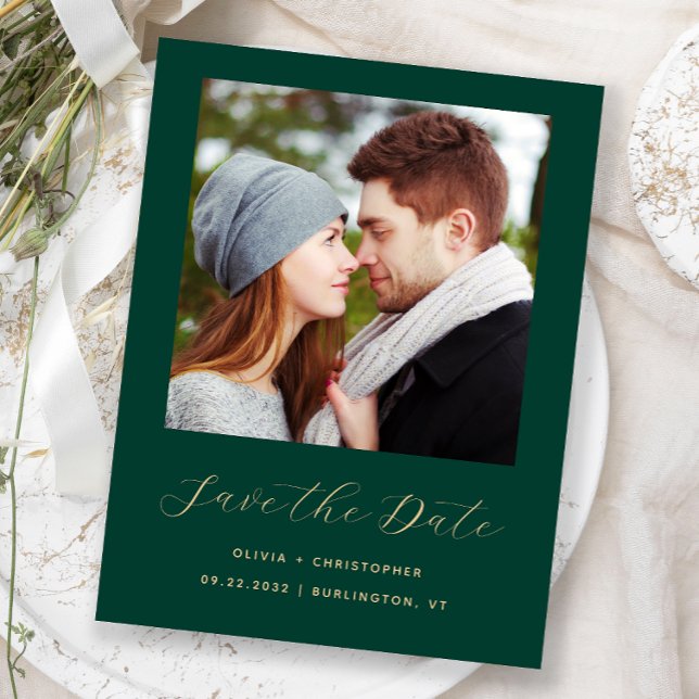 Minimal Photo Emerald Green Gold Save the Date Announcement Postcard (Creator Uploaded)