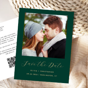 Minimal Photo Emerald Green QR Code Save the Date Announcement Postcard