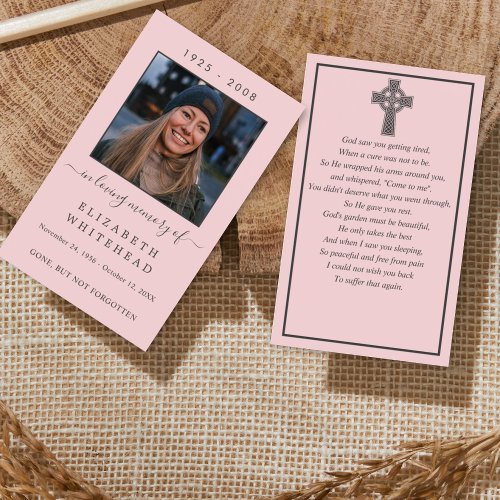 Minimal Photo Funeral Celtic Prayer Card Pink