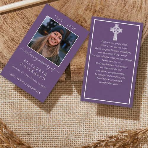 Minimal Photo Funeral Celtic Prayer Card Purple