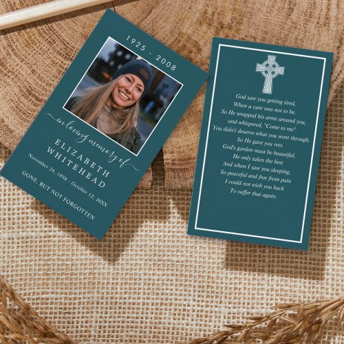 Minimal Photo Funeral Celtic Prayer Card Teal