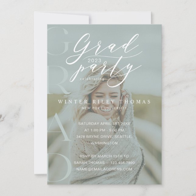 Minimal Photo Grad Party Modern Calligraphy Green Invitation (Front)