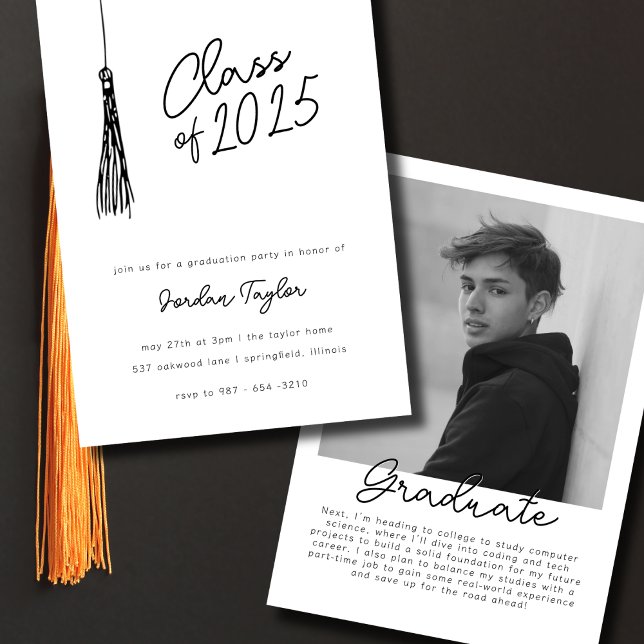 Minimal Photo Graduation Party Tassel Black White Invitation (Creator Uploaded)