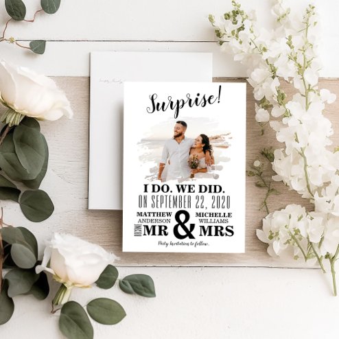 Wedding announcements - Pink Dramatic personalized gifts for you Minimal photo I do we did elopement announcement