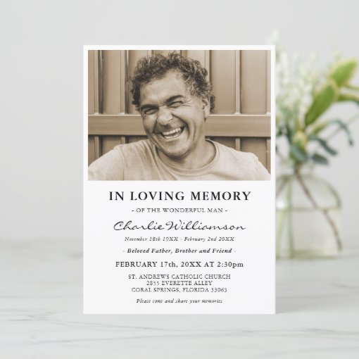 Minimal Photo In Loving Memory Funeral Invitation | Zazzle