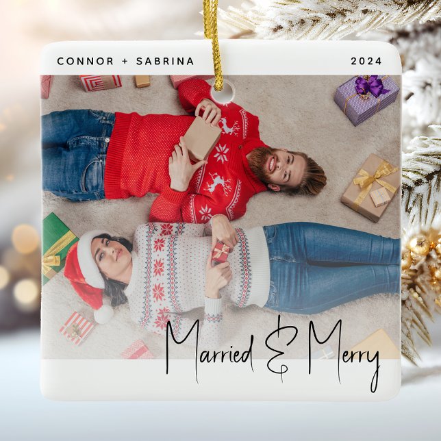 Minimal Photo Married and Merry Black Script Ceramic Ornament (Creator Uploaded)