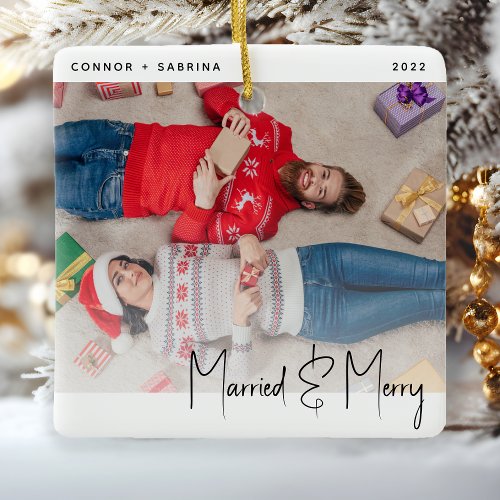 Minimal Photo Married and Merry Black Script Ceramic Ornament