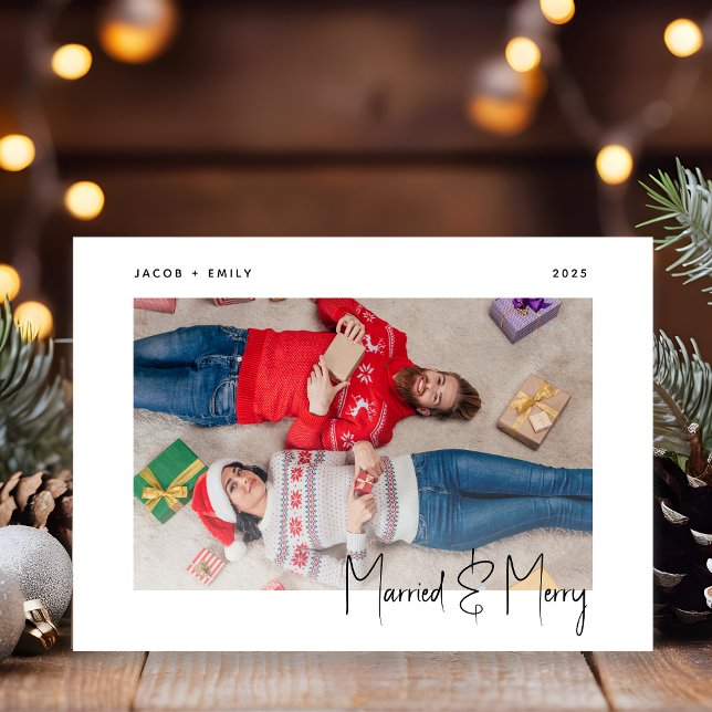 Minimal Photo Married and Merry Black Script Holiday Card (Creator Uploaded)