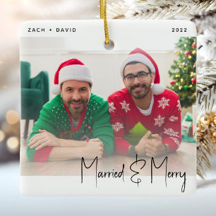 Minimal Photo Married and Merry LGBTQ Black Script Ceramic Ornament