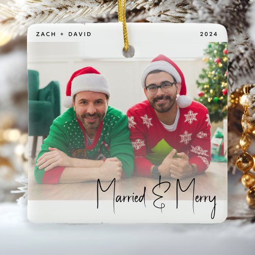 Minimal Photo Married and Merry LGBTQ Black Script Ceramic Ornament