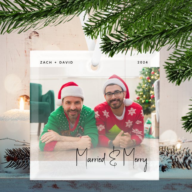 Minimal Photo Married and Merry LGBTQ Black Script Glass Ornament (Creator Uploaded)