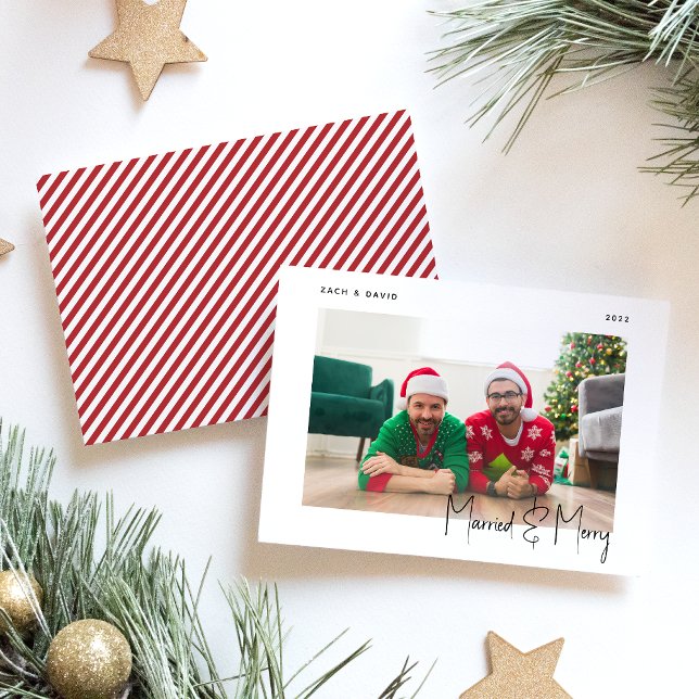 Minimal Photo Married and Merry LGBTQ Black Script Holiday Card (Creator Uploaded)