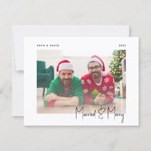 Minimal Photo Married and Merry LGBTQ Black Script Holiday Card