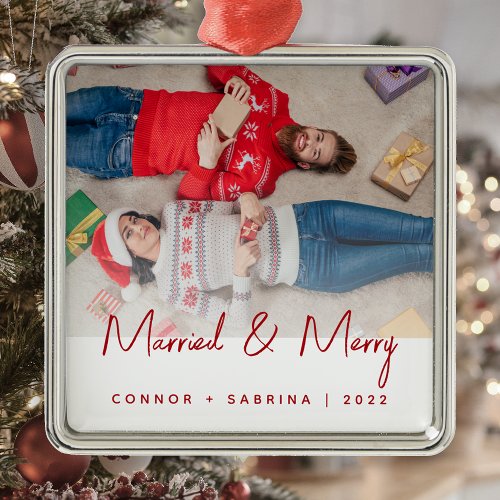 Minimal Photo Married  Merry Red Script Christmas Metal Ornament