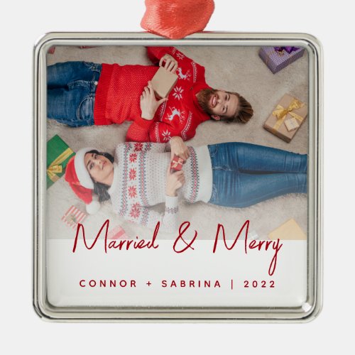 Minimal Photo Married  Merry Red Script Christmas Metal Ornament