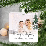 Minimal Photo Merry Christmas Gray Script Metal Ornament<br><div class="desc">Wish family and friends as special Merry Christmas with this modern minimalist photo keepsake ornament. The charcoal gray text reads "Merry Christmas" in trendy handwriting script. Easily replace the sample image with your favorite photo, and add your family name or first names and the year below. A white gradient screen...</div>