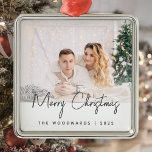 Minimal Photo Merry Christmas Gray Script Metal Ornament<br><div class="desc">Wish family and friends as special Merry Christmas with this modern minimalist photo keepsake ornament. The charcoal gray text reads "Merry Christmas" in trendy handwriting script. Easily replace the sample image with your favorite photo, and add your family name or first names and the year below. A white gradient screen...</div>