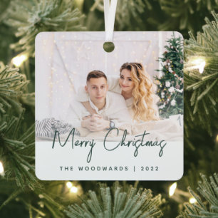 Minimal Photo Merry Christmas Green Script Metal Ornament