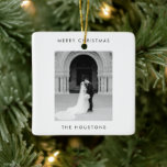 Minimal Photo Modern Christmas Ceramic Ornament<br><div class="desc">Modern Christmas ornament featuring a simple and minimal design with "merry christmas" above your photo and your names below.</div>
