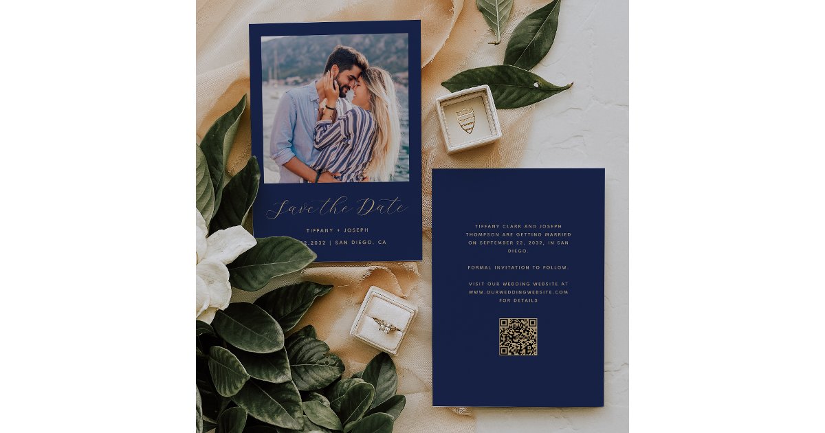 Answer Booklet Script Qr Code Photo Minimal Photo Navy Blue Gold Script QR Code Save The Date | Zazzle