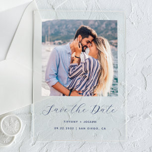 Minimal Photo Navy Blue Script Save the Date