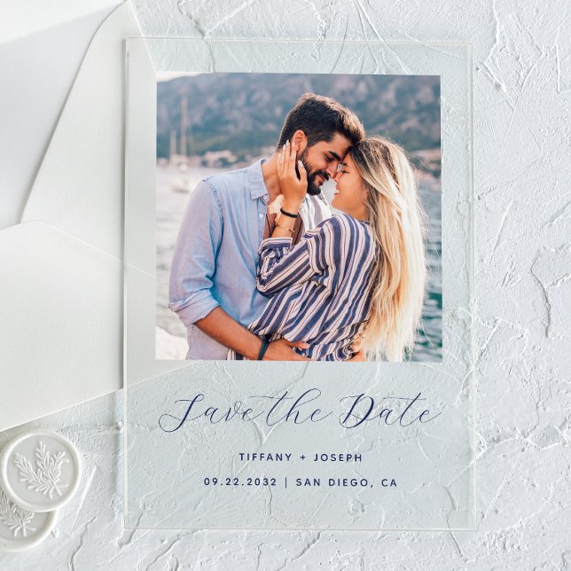 Minimal Photo Navy Blue Script Save the Date (Creator Uploaded)
