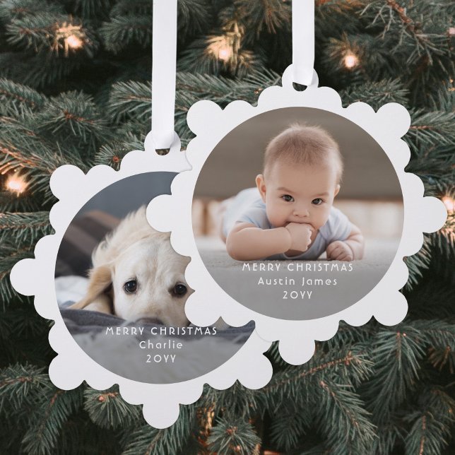 Minimal Photo Overlay White Text Merry Christmas Ornament Card (Creator Uploaded)