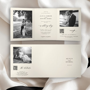 Minimal photo QR code RSVP details ivory wedding Tri-Fold Invitation