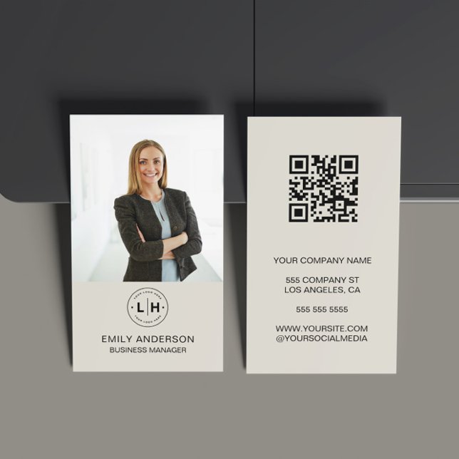 Minimal Photo QR Photo Professional Business Card (Modern Minimal Custom Photo Logo QR Neutral Tone Business Card)